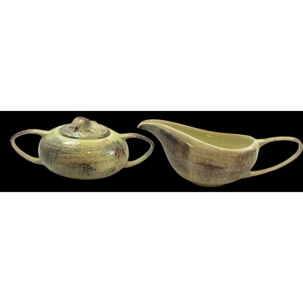 Vernonware Raffia Vintage MCM Sugar Bowl With Lid And Creamer - Vernon Kilns CA